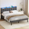 AOGLLATI Polsterbett 160 x 200 cm, Bettrahmen mit LED-Beleuchtung und Ladestation, Bettgestell mit Lattenrost, Jugendbett, Doppelbett mit Kopfteil aus Leinenstoff, Dunkelgrau (160x200 cm)