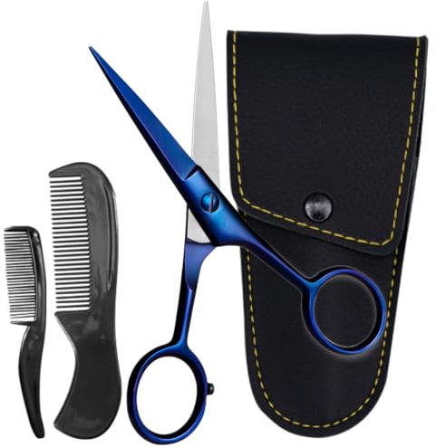 ONTAKI forbici professionali per barba e baffi 12,7 cm, acciaio tedesco, 2 pettini, custodia trasporto baffi, forgiate a mano, bordo smussato precisione, kit cura