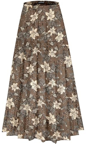 MJBGSHOW Womens Chiffon Long Skirt Elastic High Waist Floral Maxi Skirts Tiered Pleated A Line Boho Flowy Long Skirts Floral-Brown White Flower M