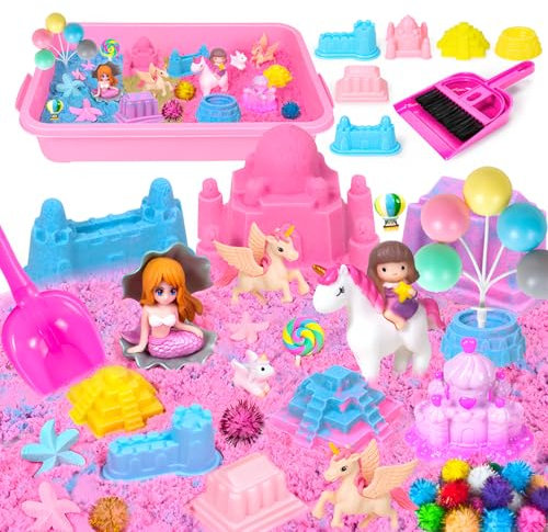 Kinetic Sand Set Mädchen, Kinetischer Sand Einhornn Meerjungfrau, Sandspielzeug Mädchen mit Rosa und Blau Knetsand & Schlossformen, Sensorisch Zaubersand Magic Sand Geschenk für Kinder