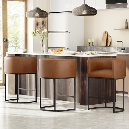VATROS 26 H Counter Height Bar Stools Set of 3, Modern Barrel Counter Stools with Backrest and Arms, Faux Leather Upholstered Accent Barstools for Kitchen Island,Support 450 LBS (Walnut Brown