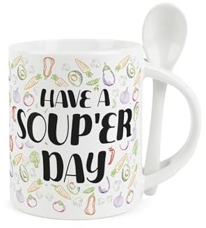 Purely Home Novelty Soup Mug and Spoon Set - Colourful Soup'er Day Gifts for Foodies - Ceramic Hot Drinks Mug with Spoon in Handle