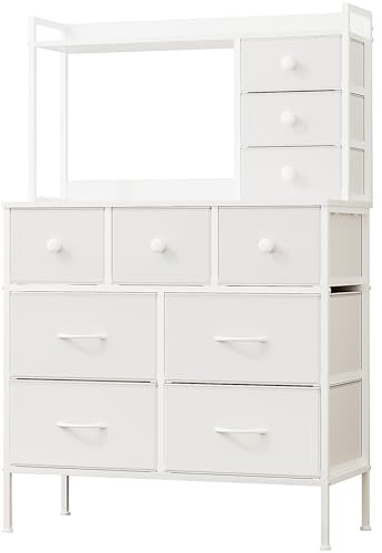 Mintnook White Chest of Drawers Bedroom, 10 Drawers Cabinet Large Capacity Chest, 80cm Wide Dressing Table, Multi-Purpose Fabric Dresser, Storage Organizer Unit, 80×35×120.5 cm