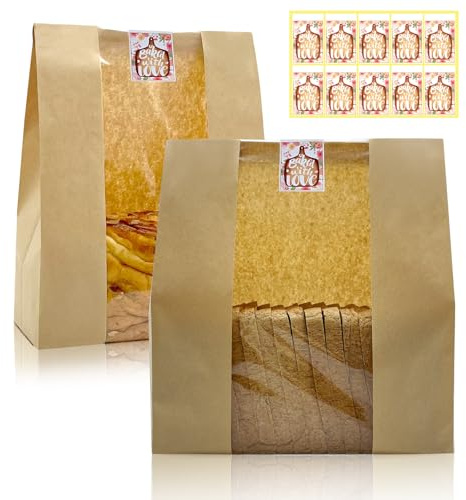 HiCivan 15.7x10.2x5.1in Extra Large Paper Bread Bags for Homemade Bread with Window&Sticker for Supersized Sourdough Bread, Oversized Bread Loaf, Baked Goods, Packaging for Gifting-Brown Kraft 50Pcs