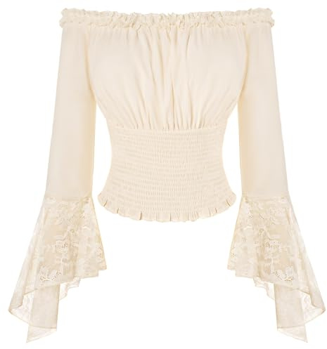 Scarlet mörker dam renässans blus långärmad med spets axellös toppar mjuk midja topp, Aprikos, XL