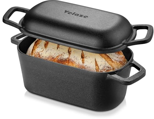 Dutch Oven for Bread Baking, Oval Cast Iron Enameled Bread Oven Pan with Lid and Dual Sided Angled Handles, 3.6QT Oven Safe to 500°F for Homemade Sourdough Bread, Black, 16.5cm Diameter – by Velaze