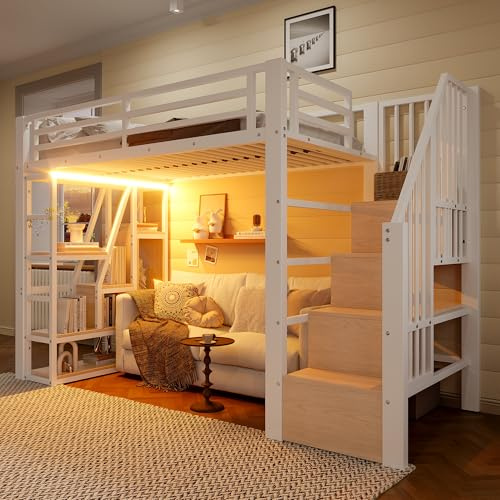 Merax Hochbett 90x200 cm, Metallbett mit Treppe und Rausfallschutz, Funktionsbett Kinderhochbett mit LED, Ablagefach, offener Stauraum unter dem Bett, Jugendbett Bettgestell (ohne Matratze), Weiß