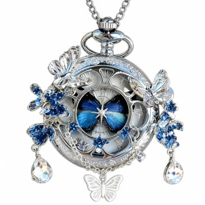 FARIDRUN Butterfly Pocket Watch Pendant, Silver, Internal Rotating Specimen, with Roman Numerals, Unique Vintage Insect Jewelry Gift, Women's Pendant (Blue 2)