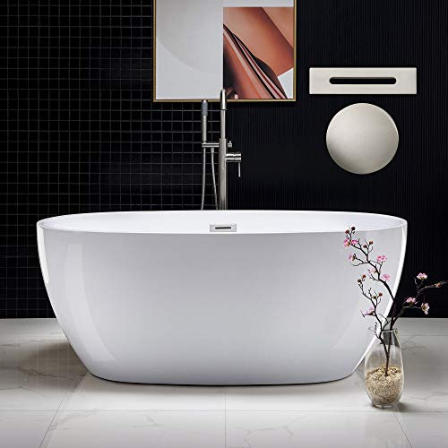 WOODBRIDGE 59Freestanding White Acylic Soaking Bathtub with Brushed Nickel Drain and Overflow,BTA1518 -B/N-Drain &O