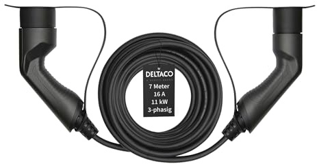 Deltaco Typ 2 elbils-laddningskabel för elbilar och hybridfordon, elbilladdare Mennekes-kabel, kompatibel med ID.3, ID.4, Zoe, E-Tron, modell S/3/X/Y, Leaf, 3-fas, 16 A | 11 kW, 7 meter