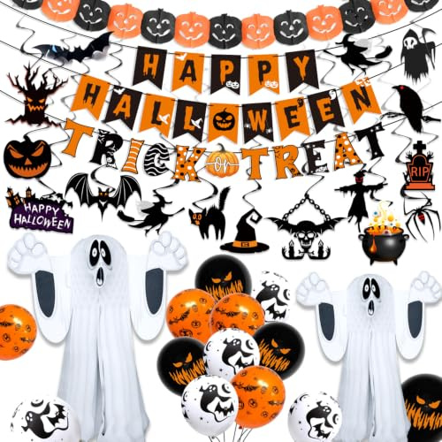 iZoeL Halloween Decorations Indoor Halloween Party Decor Balloons Ghost | Halloween Bunting Garland Giant Floating Ghosts Trick Or Treat Banners Hanging Swirls For Haunted House Wall Ceiling Decor