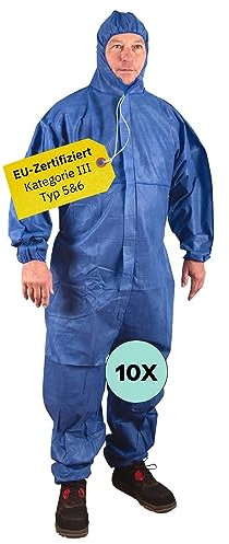 AWOTEX Einwegoverall XXL Kategorie III Typ 5 & 6 in blau I Schutzanzug gegen trockene Partikel 10 Stück I spritzdichte Schutzkleidung zugelassen für Asbest-Arbeiten I Einweg Schutzanzug