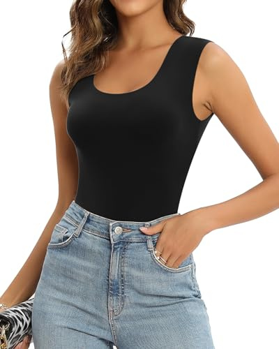 MANGOPOP Sleeveless Bodysuit For Women Scoop Neck Double Lined Tank Top Body Suit Basic Fitted Summer Going Out Tops Black Medium