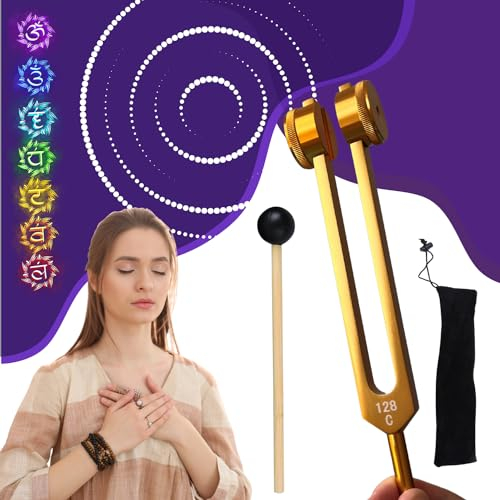 Diapason Medico/Curativo 128 Hz Professionale in Alluminio Dorato, per la Terapia del Suono di Meditazione Yoga, Strumento con Martello e Custodia inclusa [Soddisfatti o rimborsati a vita]