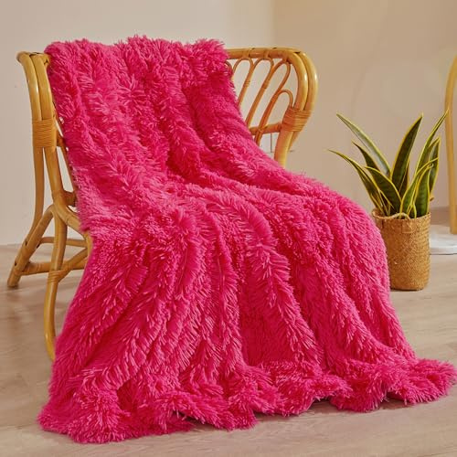 XeGe Luxury Faux Fur Throw, Soft Hot Pink Fluffy Blanket Single, Shaggy Plush Decorative Couch Throw, Cute Furry Bed Fuzzy Lap Blanket for Bedroom Office Living Room, Hot Pink