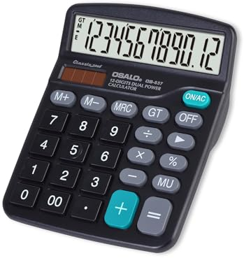 OSALO Tischrechner, 12-stelliger Tischrechner mit großem LCD-Display und großen empfindlichen Tasten, Solarbatterie, Dual-Power, Standardfunktion für Büro, Zuhause, Schule, OS-837