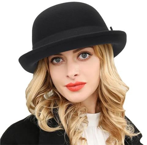 Winter Wool Bowler Derby Hat - Classic Pork-Pie Hat Rolled Brim Fedora Hat for Men Women Crushable