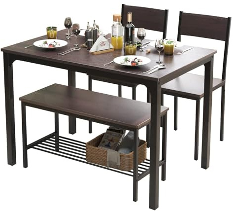 SogesPower Set Tavolo e Sedie da Pranzo, 4 Pezzi, con 1 Tavolo da Pranzo, 2 Sedie e 1 Panca, Set da Pranzo per 4 persone per Cucina, Sala da Pranzo Marrone