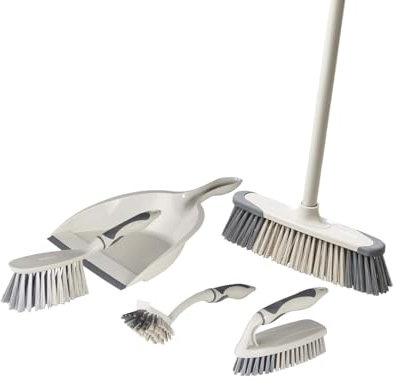 Tower T769002MSH 5-in-1 Cleaning Set with Dust Pan and Brush/Kitchen Broom/Dish Brush/Scrub Brush, Latte & Grey