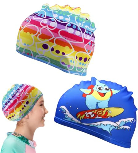 MWUMRCM Gorros de Natación 2 Gorros de Baño Sombrero de Natación de Gorros de Natación de Piscina Divertidos para Niños Pequeños de Pelo Largo y Corto