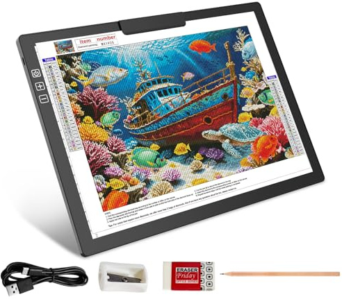 HIUKCOLED Rechargeable A4 Light Pad, Battery Powered Light Board with Top Clip&Stand, Stepless Dimmable&6-Level Brightness Adjustable, Wireless LED Tracing Box for Diamond Painting,Drawing,Sketching