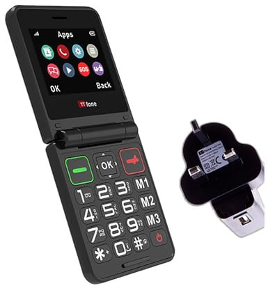 TTfone TT660 Flip Mobile Phone for Seniors - Folding Design, Big Buttons, Emergency Assistance, Long Battery Life - Pay As You Go (O2 PAYG, Black, with Mains Charger)