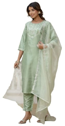 VredeVogel Women's Silk Blend Embroidered Kurta with Pant & Dupatta Set (Pista_X-Large)