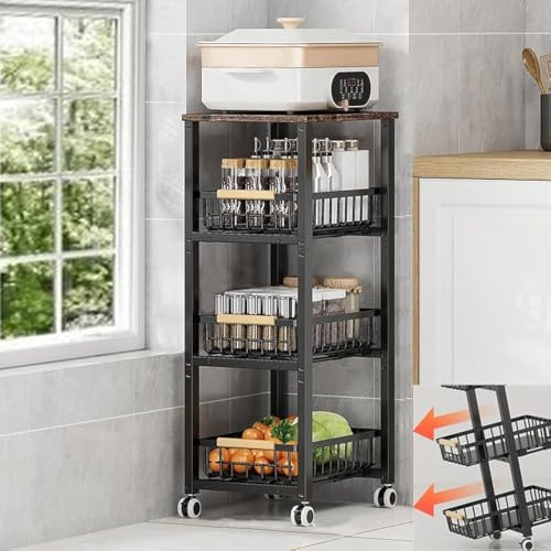 KOLENSA Cesti di Filo di Metallo con Ruote, Contenitore impilabile Cucina Organizzatore Scaffale, Vassoio multistrato di frutta e verdura rack indipendente con cassetto scorrevole estraibile
