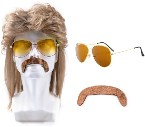 Bettinay Brown Mullet Wigs for Men, 3 Piece Set 70s 80s Mens Wig for Fashion Halloween Costume Fancy Party Accessories