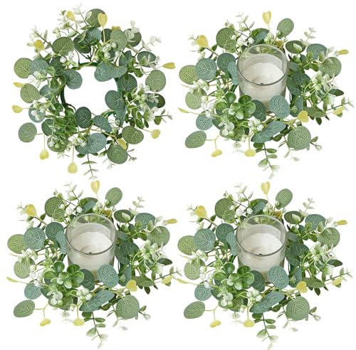 SOMYTING Kerzenringe Küchenschrankkränze 4 Stück Künstliche Buchsbaumkränze Künstliche Kränze künstliche Eukalyptusblätter Kerzenkränze für Säulen für Hochzeit Mittelstücke Wand Fenster Haustür Dekore