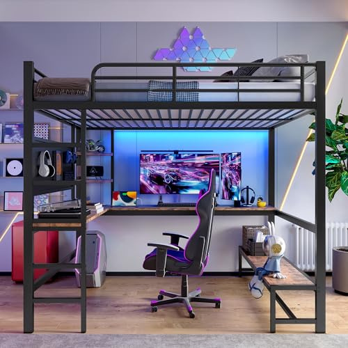 Kebnor Cama alta, marco de hierro, escritorio, barandilla, escalera, varios estantes, con enchufe USB+Type-c, con barra LED, con tablero perforado, sin colchón (negro, 140 x 200 cm)