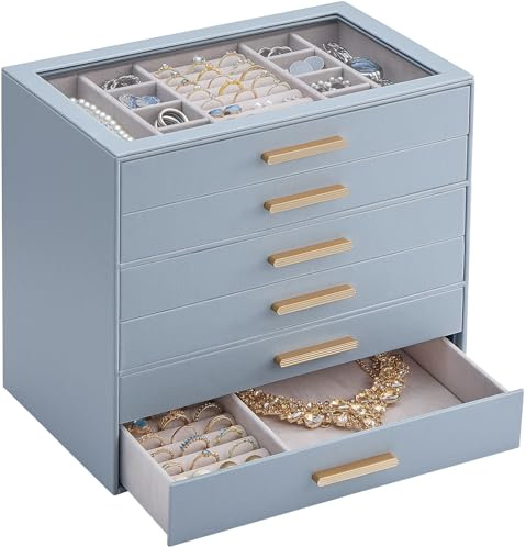 Lolalet Caja Organizadora de Joyas de 6 Niveles con Tapa de Vidrio, Joyero para Anillos Pendientes Pulseras y Collares, Estuche de Almacenamiento para Mujer y Niña, Regalo Elegante – 6 Capas, Azul