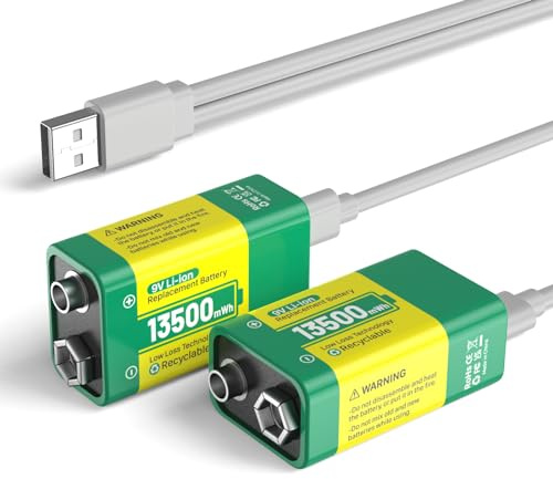 2 Pack 9 V Rechargeable Battery, 13500mWh 9 V High Capacity Lithium Batteries, with USB-C Fast Charging Cable, Ideal for Alarms, Toys, Smoke Detectors, Microphone, Torches, Medical Devices etc.