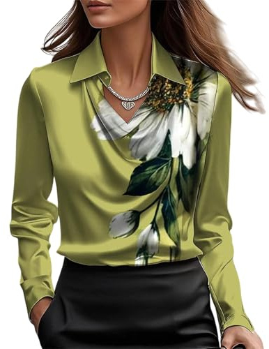 MorFansi Camicia Donna in Raso di Seta con Collo a Cascata Elegante Maniche Lunghe Unita Shirts Classico Tops Bluse (Fiore Verde,S)
