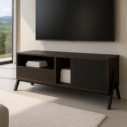 Meuble TV HWC-O40 MDF métal mélamine 49x120x40cm Aspect Noyer