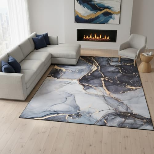 TAPISO Nora Teppich Wohnzimmer | Abstraktes Marmor Design, Rutschfester pflegeleichter Teppich | Schwarz Grau, bedruckter Kurzflor | Für Schlafzimmer, Esszimmer, Flur 120 x 160 cm