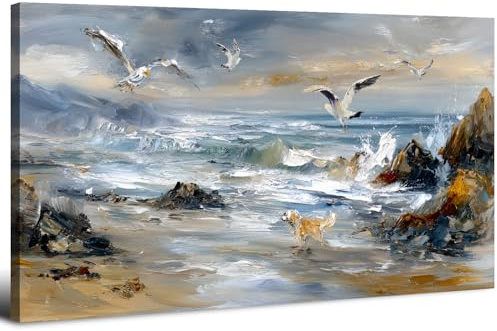 Lienzo Decorativo de Playa Oceánica Decoración Pared Costera 50.8 x 101.6 cm Gran Cuadro Abstracto Paisaje Marino Perros Gaviotas Playa Fotos Moderno Paisaje Obra de Arte para Baño Sala de Estar