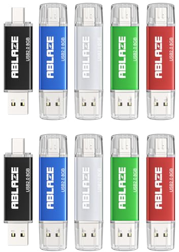 ABLAZE 8GB Type C Flash Drive 10 Pack, Dual USB 2.0+USB C Memory Stick Thumb Drive Compatible with iPhone 17/16/15, Android Smartphone, Computers,Tablets, Mac,iPad,PC