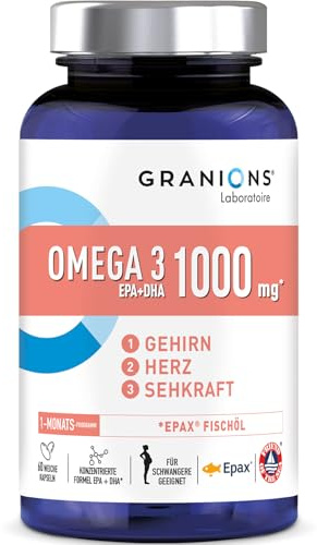 OMEGA 3 1000 mg GRANIONS | Huile de Poisson Sauvage EPAX -Haute Concentration Omega 3 DHA EPA + Vitamine E - Complément Alimentaire Omega3 - Oméga-3 Sans OGM, Certifié Friend of the Sea- 60 Capsules