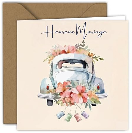 Edition Colibri Carte de mariage - Illustration de voiture avec fleurs | Carte pliée (15x15 cm) – avec enveloppe kraft – Intérieur vierge