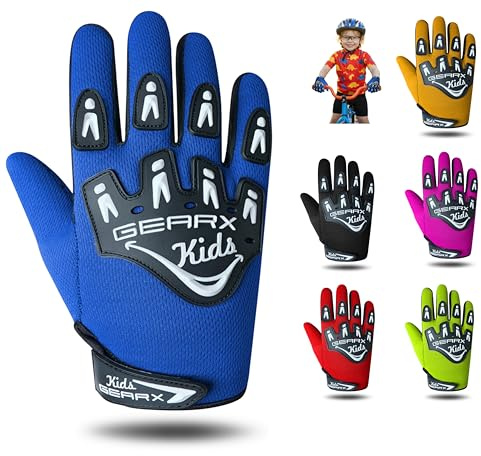 GearX Guantes de Ciclismo para niños, BMX, Bicicleta de montaña, Motocross, Enduro, Paintball, ATV, Quad, Karting, Deportes y Senderismo, Azul, M