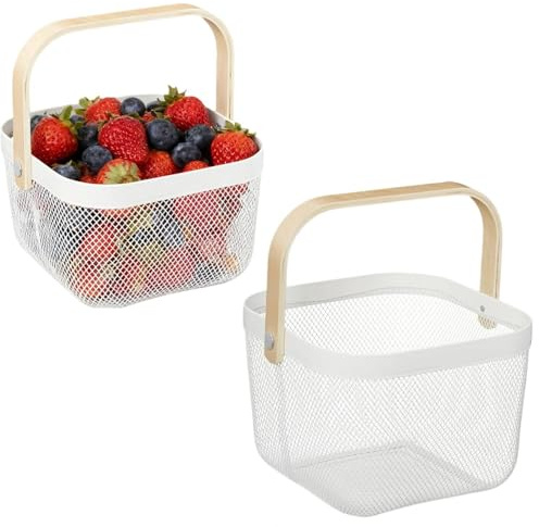 Cesta de Alambre con Asa,cestas de Cultivo de Jardín, Cesta de Almacenamiento Cuadrada, Cesta de Transporte en Estilo Loft,para Baño Cocina Picnic, 18 X 24,5 X 24,5 cm,2 Piezas(blanco)