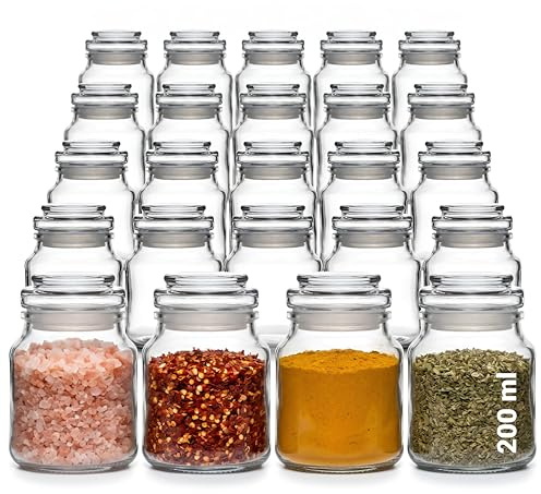 gouveo 24er Set Gewürzglas 200 ml (0,20 l) Gewürzglas 200 ml Rondo mit Glaskorken mit Glasstopfen, rundes transparentes Vorratsglas für Gewürze, Tee, Süßigkeiten & Kleinteile (KGR200GK)