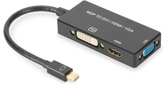 DIGITUS Mini DisplayPort Grafik Adapter, mDP zu DVI-D + HDMI Typ A + VGA, 4K Ultra HD 60Hz, Schwarz