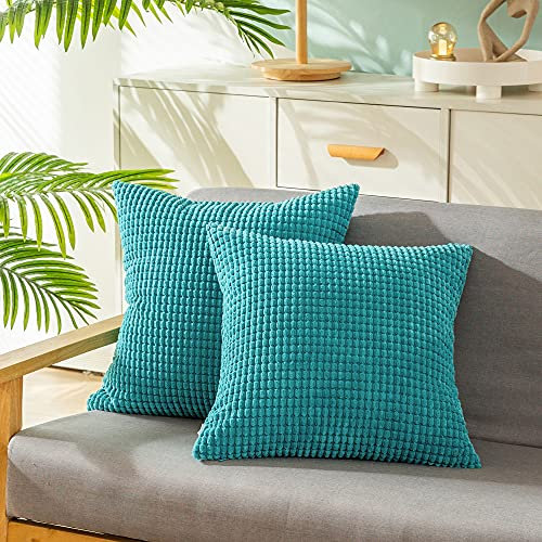 CaliTime Kissenbezüge Kissenhülle 2er-Pack Bequeme Kissenbezüge für Couch, Schlafsofa, bequem, superweich, Kordsamt, Maisstreifen, beidseitig, 40 cm x 40 cm, Seeblau