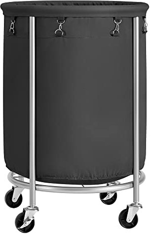 SONGMICS Panier à Linge avec Roulettes 170L, Chariot Linge Sale, Corbeille, Rond, avec Cadre en Acier et Sac Amovible, 4 Roulettes et 2 Freins, Noir et Argent RLS001B01