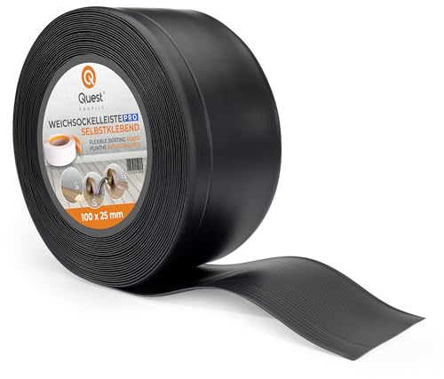 Quest Mjuk Golvlist, Mjuk Sockellist utan tejp – 100 mm x 25 mm – avslutningslist, bred böjbar list – för väggar, golv – PVC, flexibel, vattentät, dekorativ. (Svart, 5m)