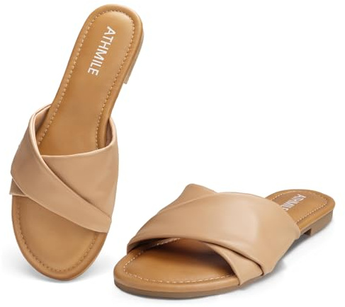 ATHMILE Sandals Women Dressy Summer Flat Comfortable Fashion Beach Cute Ladies Slides Leather Casual Dress Women's Sandals 2025 Nude Size 8