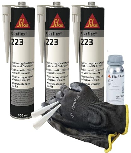 Sikaflex 223 schwarz 3x 300ml Kleb- und Dichtstoff mit Aktivator 205 und Primer 210 - zur Abdichtung von Buntmetallen mit 5 Düsenspitzen