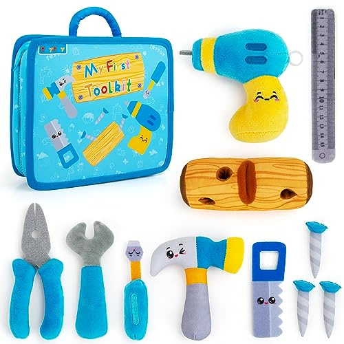 teytoy My First Toolbox Playset, Plush Baby Tool Set for 1 Year Old, Pretend Play Construction Toy with Zippered Tool Box, Montessori Plush Tool Kit Toys Birthday Gift for Toddlers Boys Girls